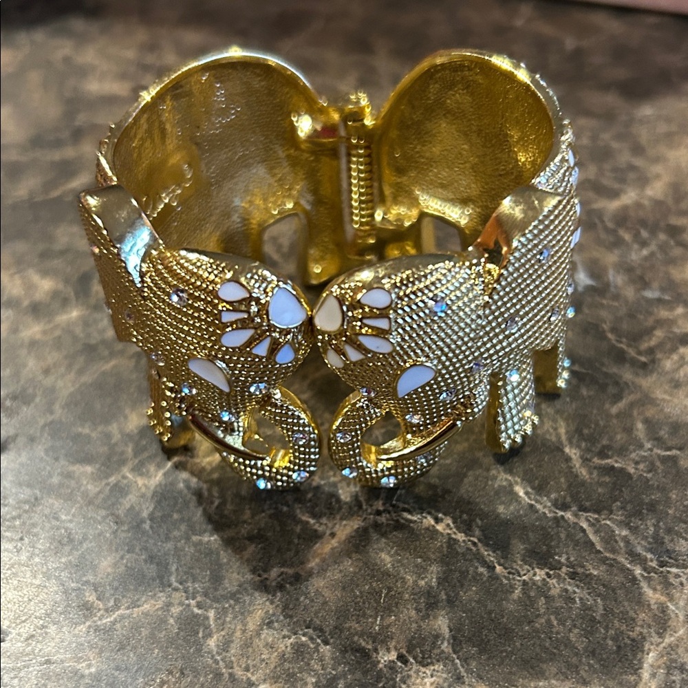 Lilly Pulitzer Gold Tone white enamel, rhinestone Elephant hinge Cuff Bracelet